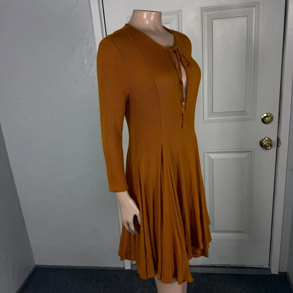 Free people Beach Women's Dress XS Picnic Mustard Yellow Tie Long sleeve Z4-9